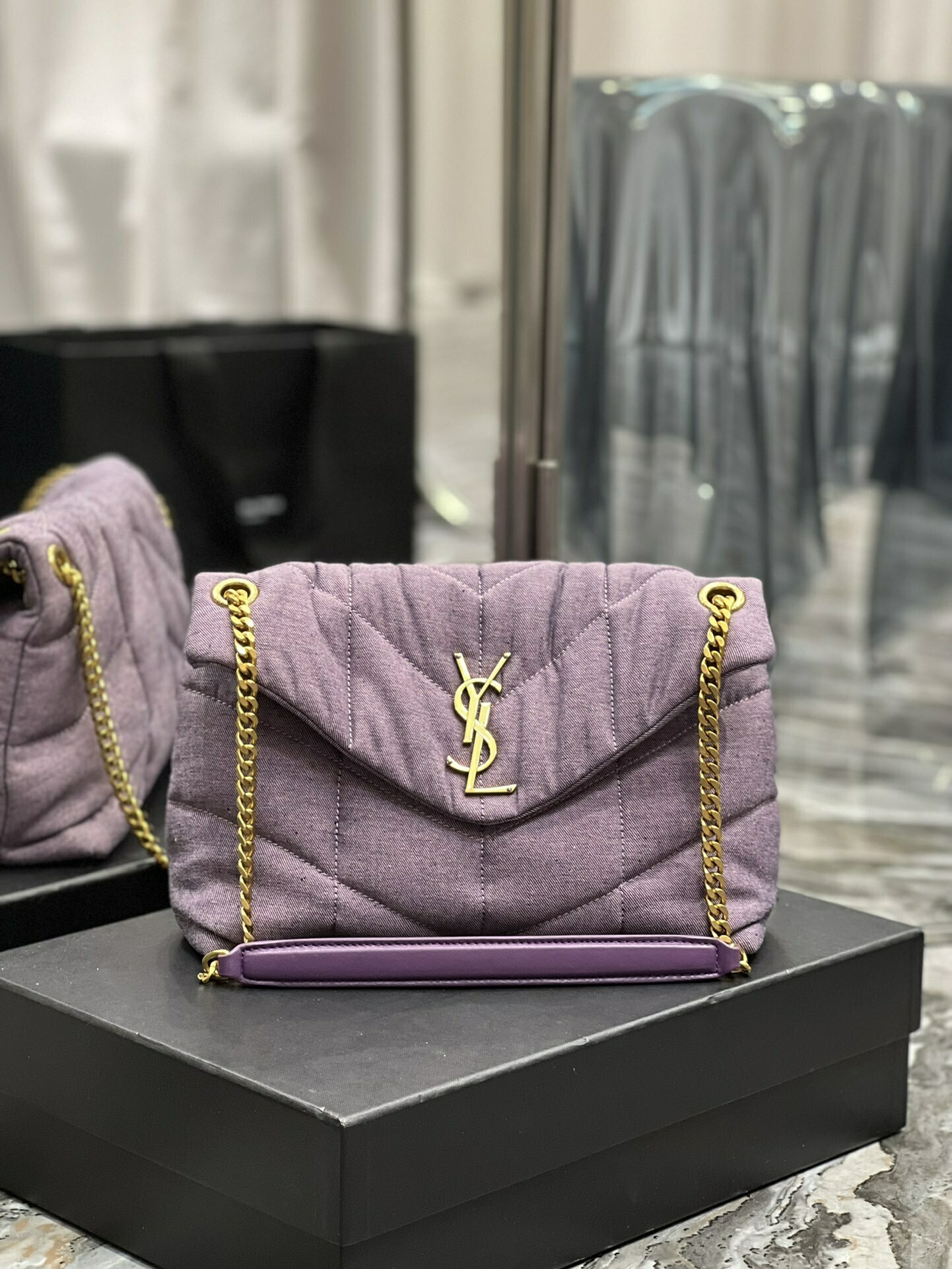 Saint Laurent Puffer Small Chain Bag Blesched Lilac In Denim For Women