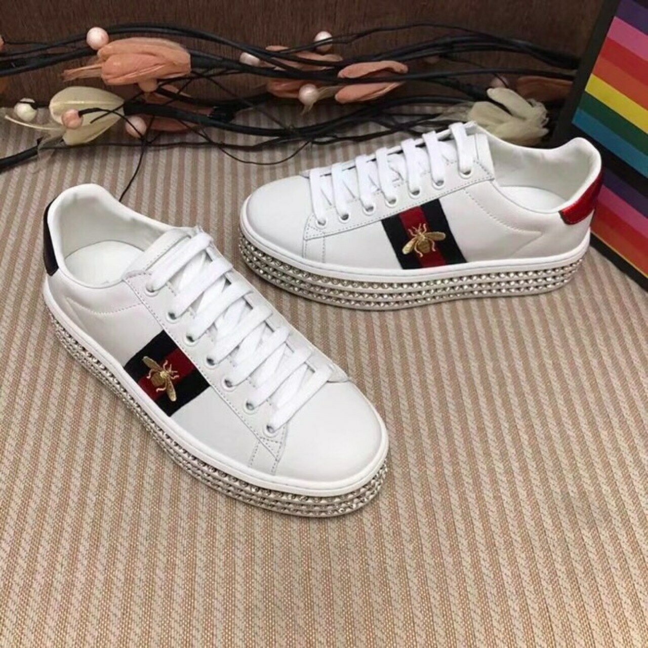 Ace Web Bee Embroidered Platform Sneaker with Crystals 505996 Calfskin ...