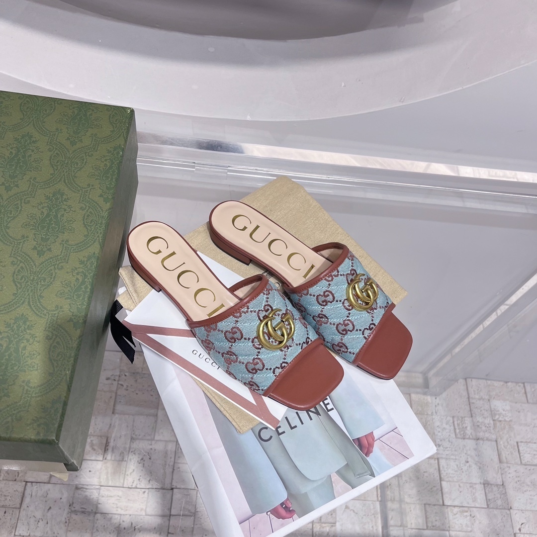 Gucci Women's GG Raffia Effect Slide Brown For Women GG KelvinGift