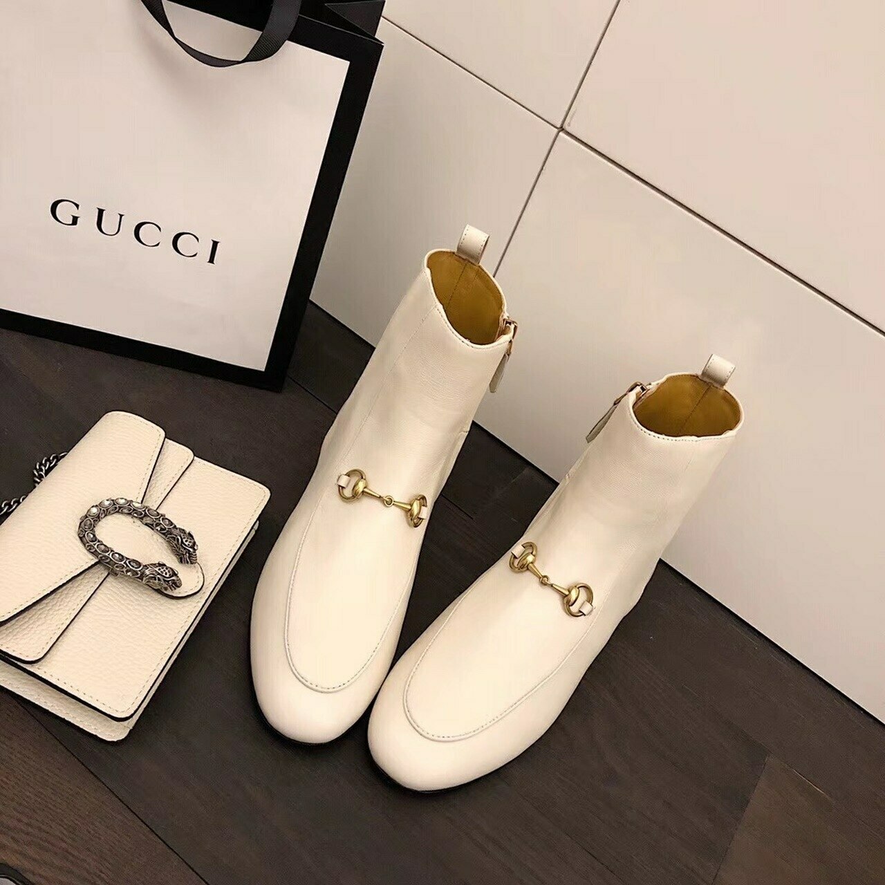 Gucci Women’s Jordaan Ankle Boot With Horsebit White For Women GG