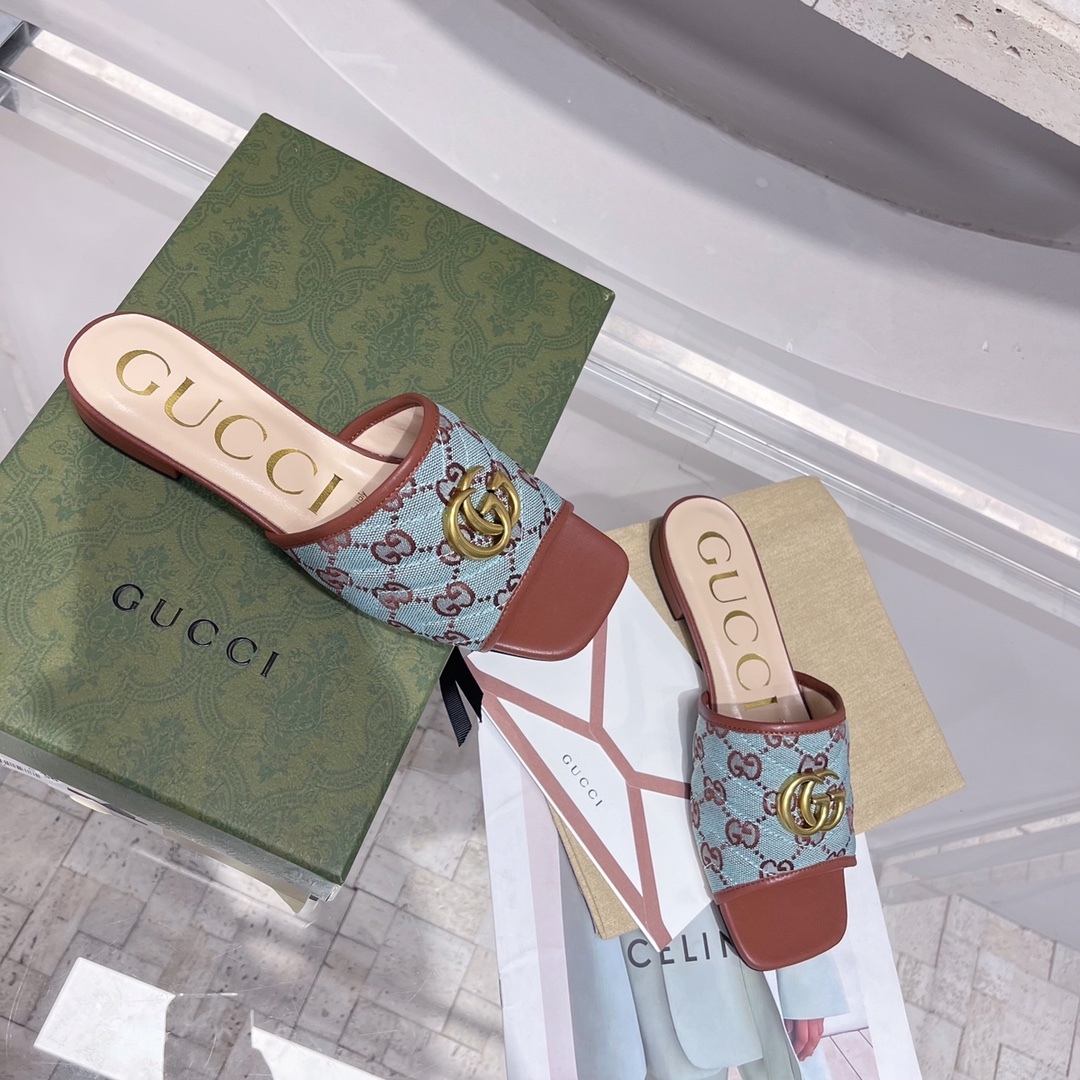 Gucci Women's GG Raffia Effect Slide Brown For Women GG KelvinGift